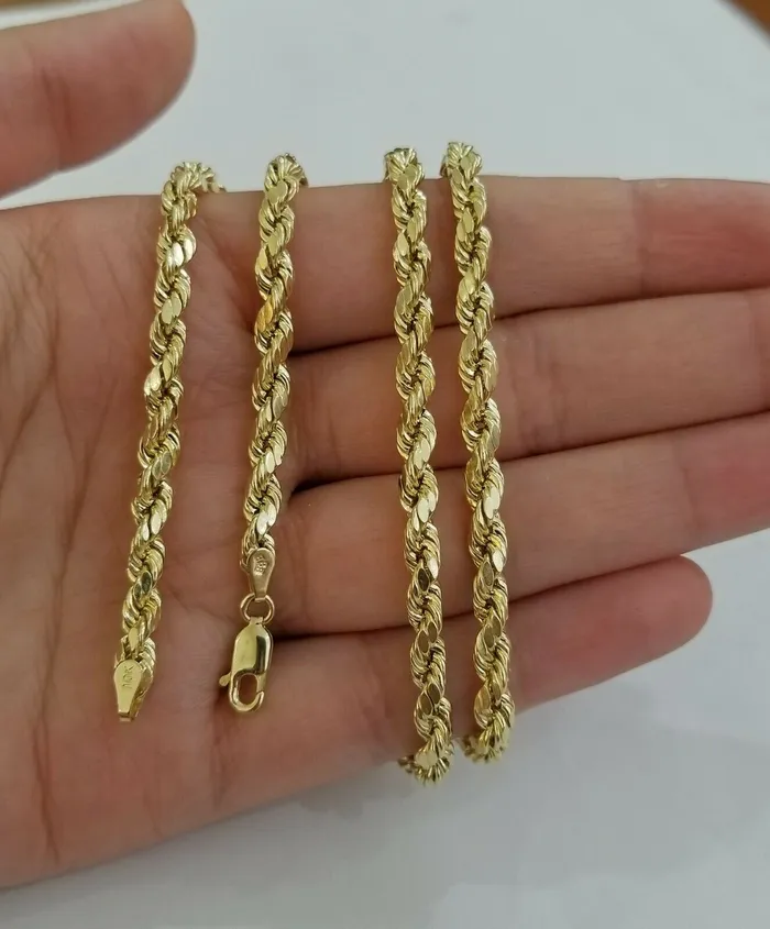 10k Yellow Gold Rope Chain 4mm 24 Necklace Diamond Cut 10kt Mens Necklace REAL Gold and Diamond Necklaces
