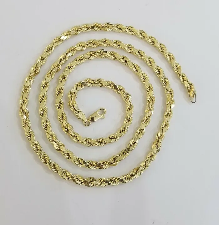 10k Yellow Gold Rope Chain 4mm 24 Necklace Diamond Cut 10kt Mens Necklace REAL Gold and Diamond Necklaces