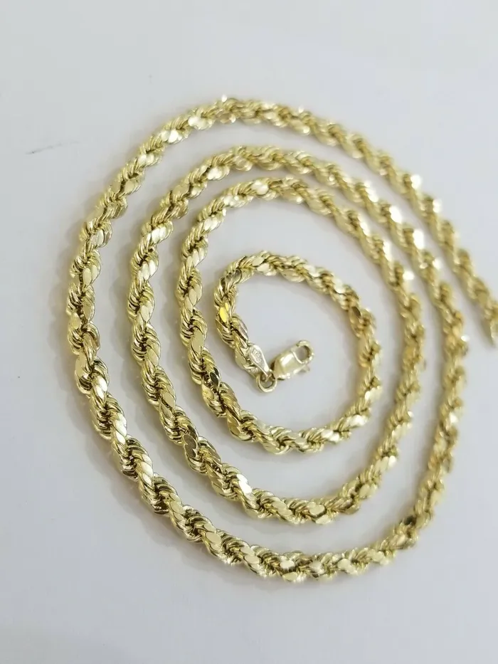 10k Yellow Gold Rope Chain 4mm 24 Necklace Diamond Cut 10kt Mens Necklace REAL Gold and Diamond Necklaces