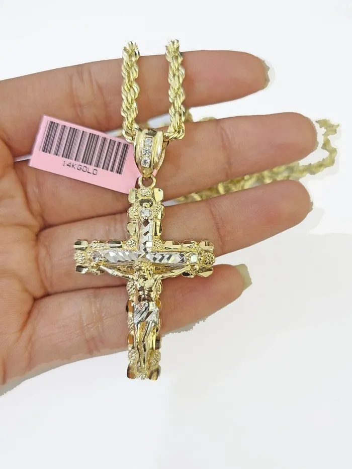 14k Yellow Gold Rope Chain Jesus Nugget Cross Charm SET 4mm 24 Inches Necklace Globalwatches10 Necklaces