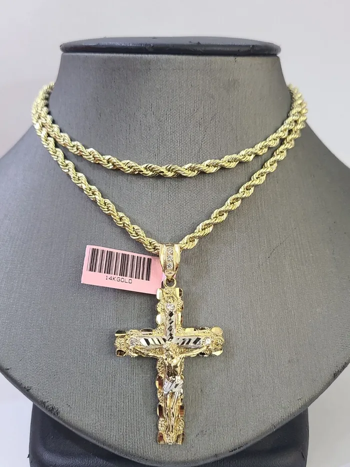 14k Yellow Gold Rope Chain Jesus Nugget Cross Charm SET 4mm 24 Inches Necklace Globalwatches10 Necklaces