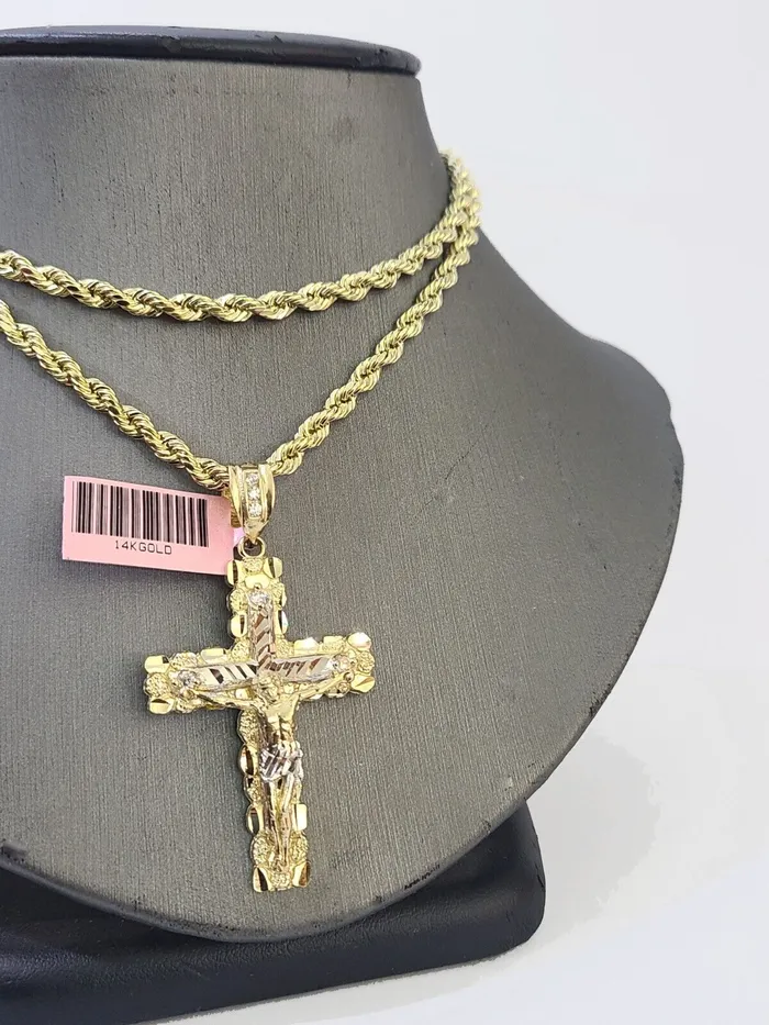 14k Yellow Gold Rope Chain Jesus Nugget Cross Charm SET 4mm 24 Inches Necklace Globalwatches10 Necklaces