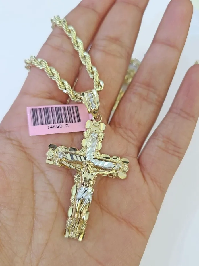14k Yellow Gold Rope Chain Jesus Nugget Cross Charm SET 4mm 24 Inches Necklace Globalwatches10 Necklaces