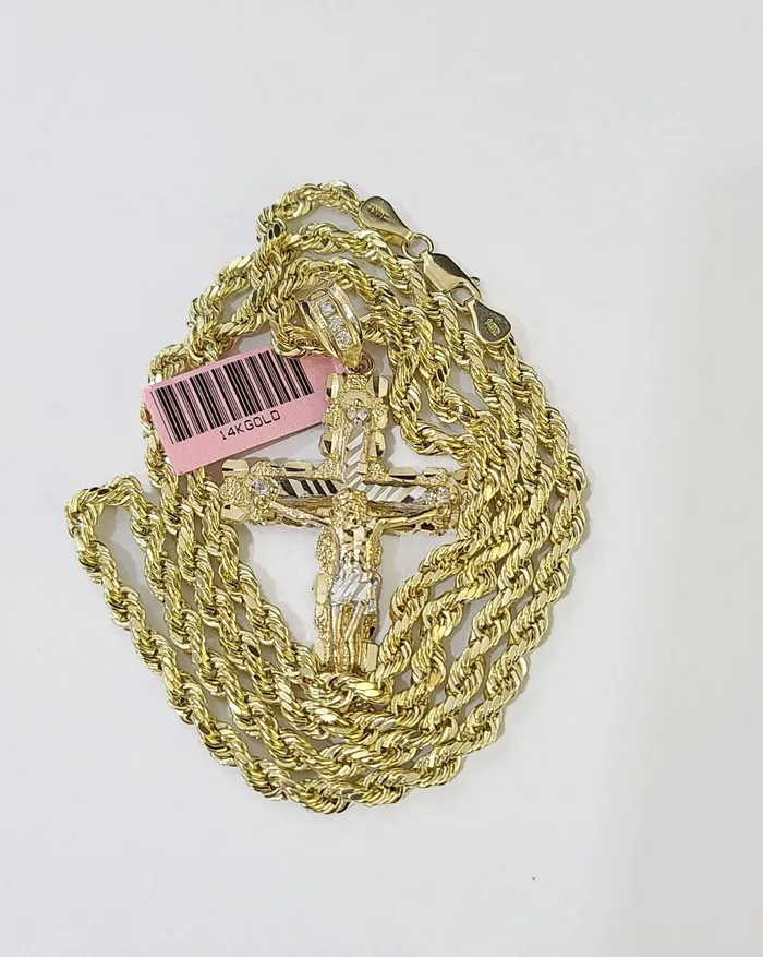 14k Yellow Gold Rope Chain Jesus Nugget Cross Charm SET 4mm 24 Inches Necklace Globalwatches10 Necklaces