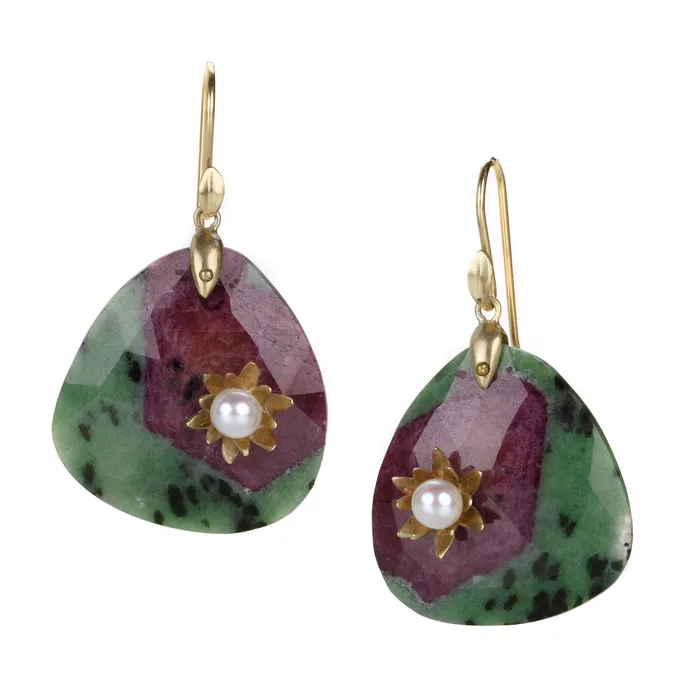 Annette Ferdinandsen Ruby in Zoisite Water Lily with Pearl Earrings Earrings