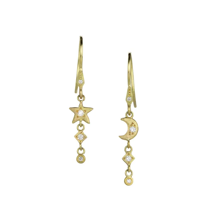 Annie Fensterstock Earrings Moon and Star Dangle Earrings with Diamonds