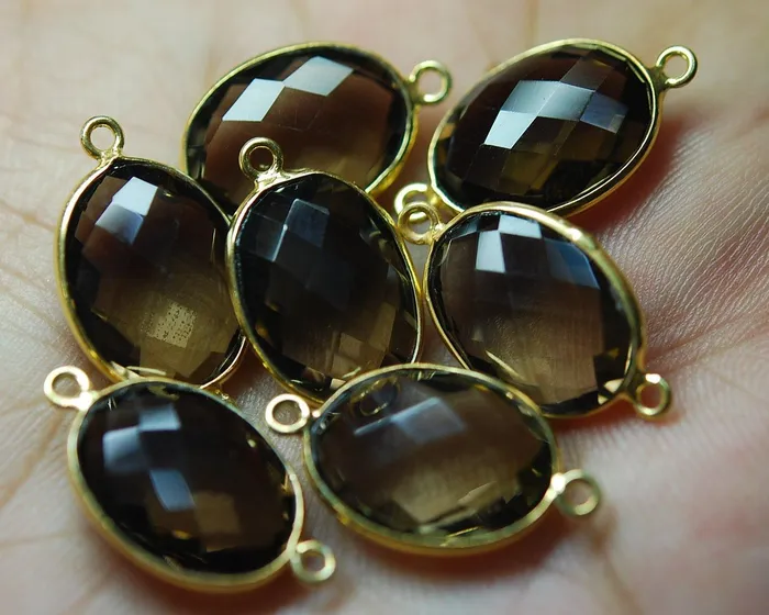 Beads Supplies USA Necklaces 925 Silver Vermeil Smoky Quartz Faceted Oval Shape Pendant Connector 3 Piece Of 25mm Beads Supplies USA Necklaces 925 Silver Vermeil Smoky Quartz Faceted Oval Shape Pendant Connector 3 Piece Of 25mm