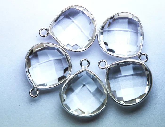 Beads Supplies USA Necklaces 925 Sterling Silver Rock Crystal Quartz Faceted Heart Shape Pendant 10 Piece Of 18mm