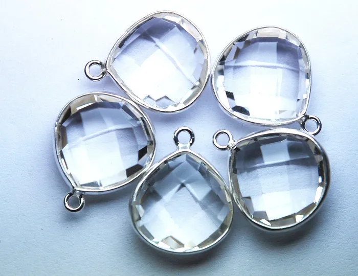 Beads Supplies USA Necklaces 925 Sterling Silver Rock Crystal Quartz Faceted Heart Shape Pendant 10 Piece Of 18mm