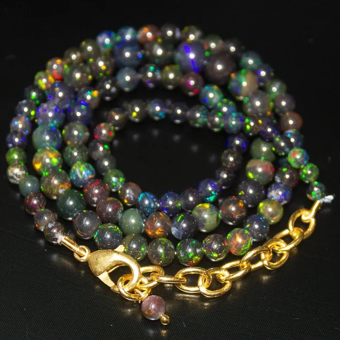 Beads Supplies USA Necklaces Black Ethiopian Opal Round Ball Gold Vermeil Gemstone Beads Necklace 18 4mm 6mm