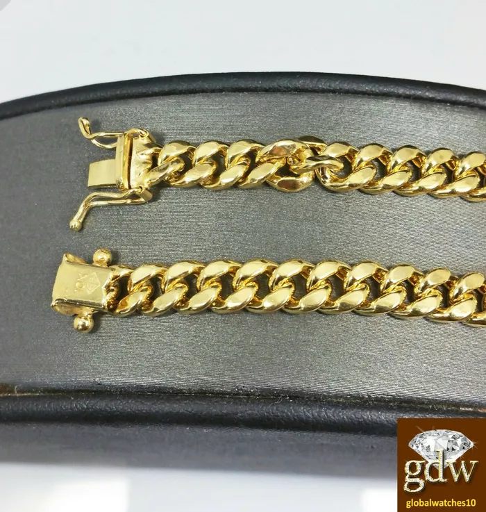 Bracelets Real 10k yellow Gold Miami Cuban Bracelet 9 Inch 7mm Box Lock Unisex Gold and Diamond