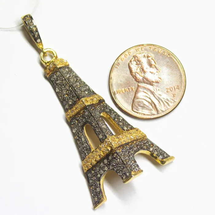 Charm Necklaces Beads Supplies USA 1pc Pave Diamond Designer Eiffel Tower Charm 925 Sterling Silver Gold Vermeil Charm Pendant 50mmx22mm