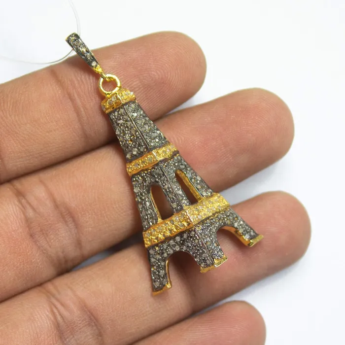 Charm Necklaces Beads Supplies USA 1pc Pave Diamond Designer Eiffel Tower Charm 925 Sterling Silver Gold Vermeil Charm Pendant 50mmx22mm