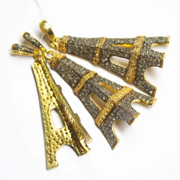 Charm Necklaces Beads Supplies USA 1pc Pave Diamond Designer Eiffel Tower Charm 925 Sterling Silver Gold Vermeil Charm Pendant 50mmx22mm