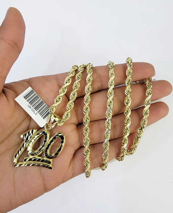 Charm Necklaces GlobalWatches10 10K Yellow Gold Rope Chain 100 Charm Diamond Cut Mens Womens
