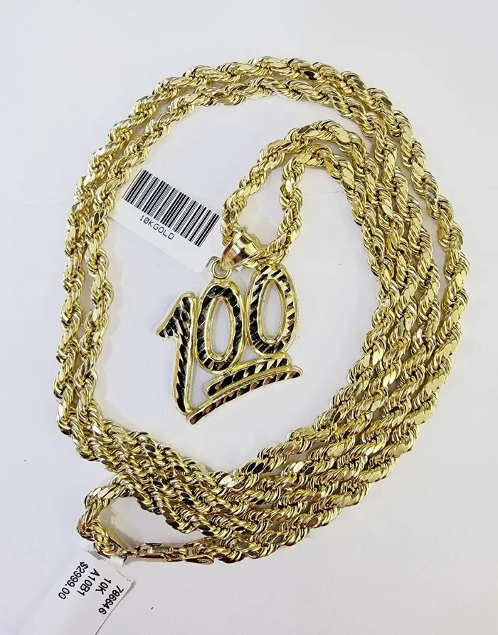 Charm Necklaces GlobalWatches10 10K Yellow Gold Rope Chain 100 Charm Diamond Cut Mens Womens