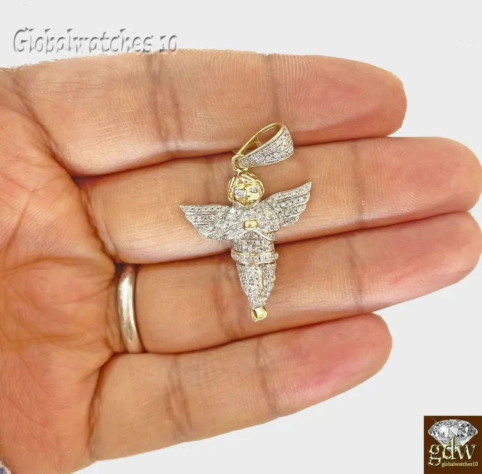 Charm Necklaces Globalwatches10 Real 10k Gold Diamond Mens Praying Angel Charm Pendant real genuine Diamonds