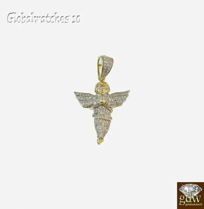 Charm Necklaces Globalwatches10 Real 10k Gold Diamond Mens Praying Angel Charm Pendant real genuine Diamonds