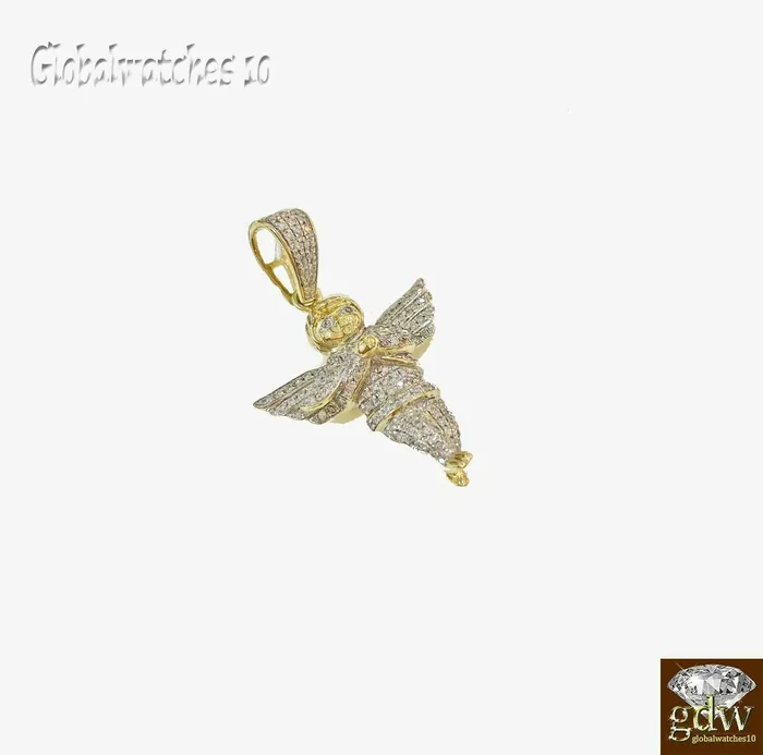 Charm Necklaces Globalwatches10 Real 10k Gold Diamond Mens Praying Angel Charm Pendant real genuine Diamonds