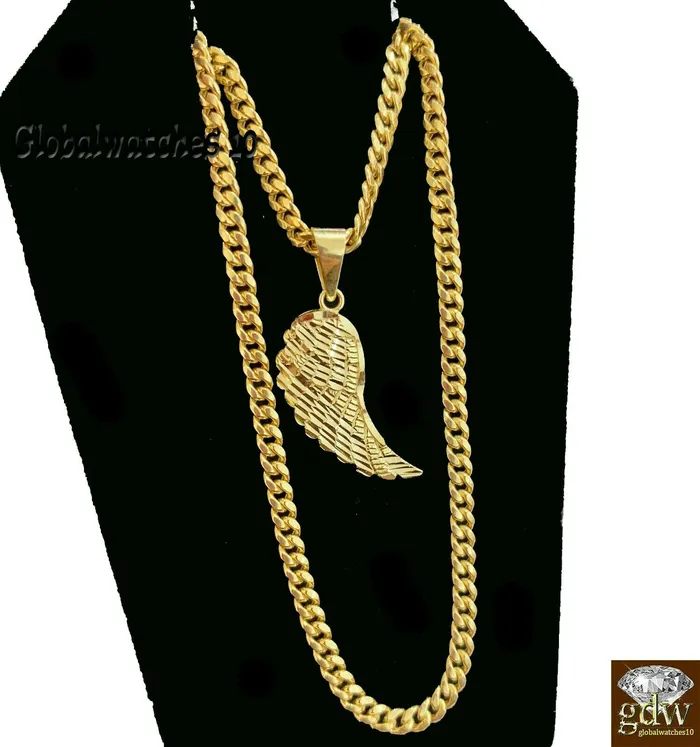 Charm Necklaces Gold and Diamond 10k Gold Wing Charm Pendant with Miami Cuban Chain 22 24 26 28 Real Charm Necklaces Gold and Diamond 10k Gold Wing Charm Pendant with Miami Cuban Chain 22 24 26 28 Real