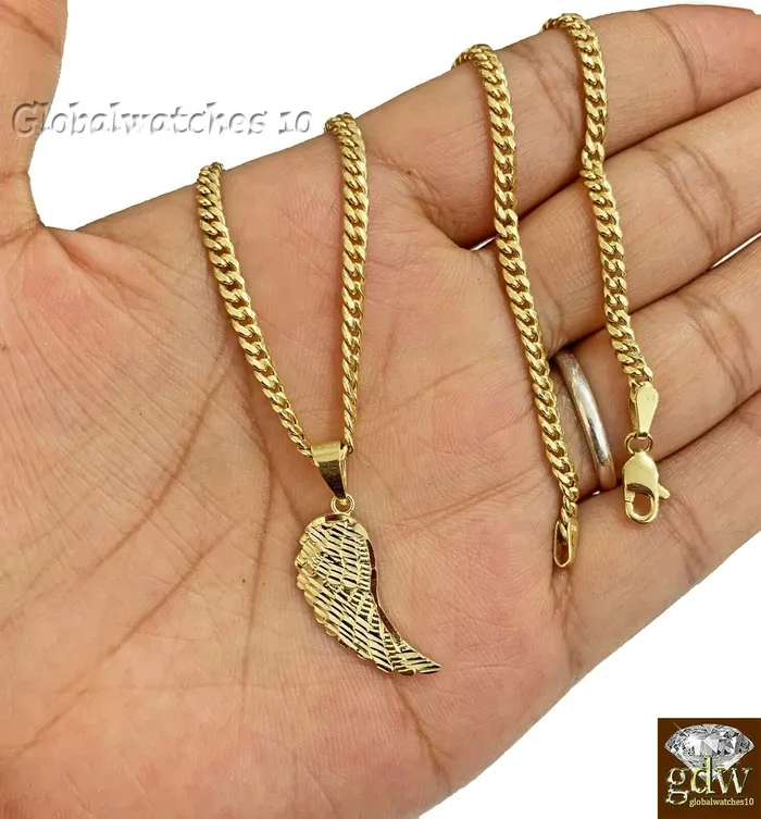 Charm Necklaces Gold and Diamond 10k Gold Wing Charm Pendant with Miami Cuban Chain 22 24 26 28 Real