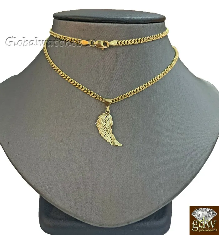 Charm Necklaces Gold and Diamond 10k Gold Wing Charm Pendant with Miami Cuban Chain 22 24 26 28 Real