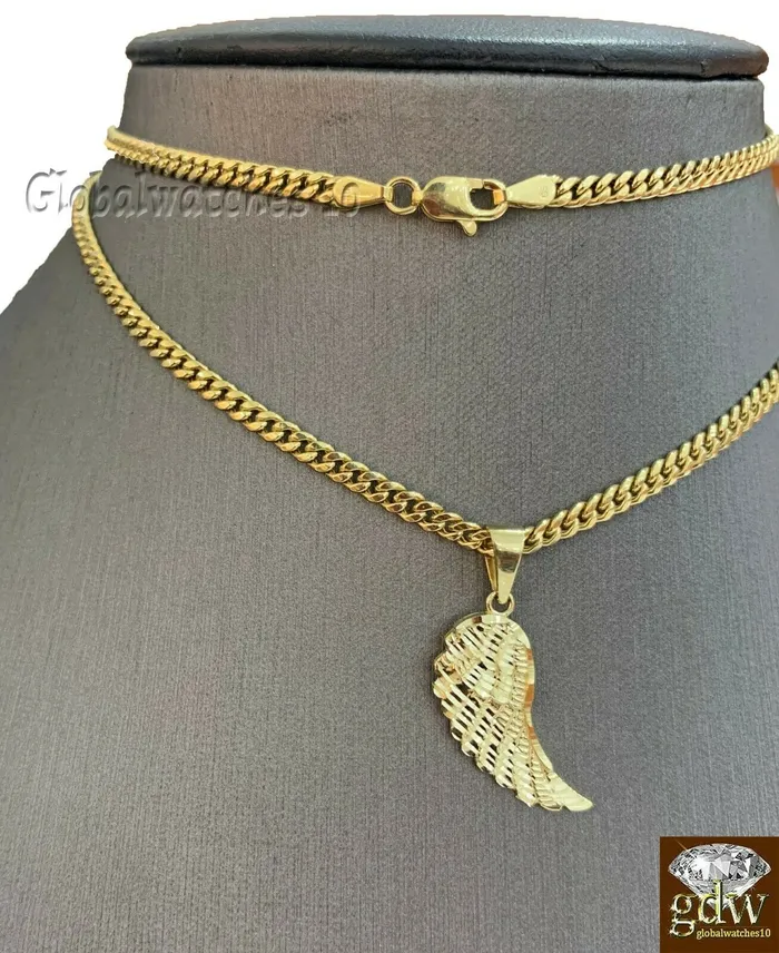 Charm Necklaces Gold and Diamond 10k Gold Wing Charm Pendant with Miami Cuban Chain 22 24 26 28 Real