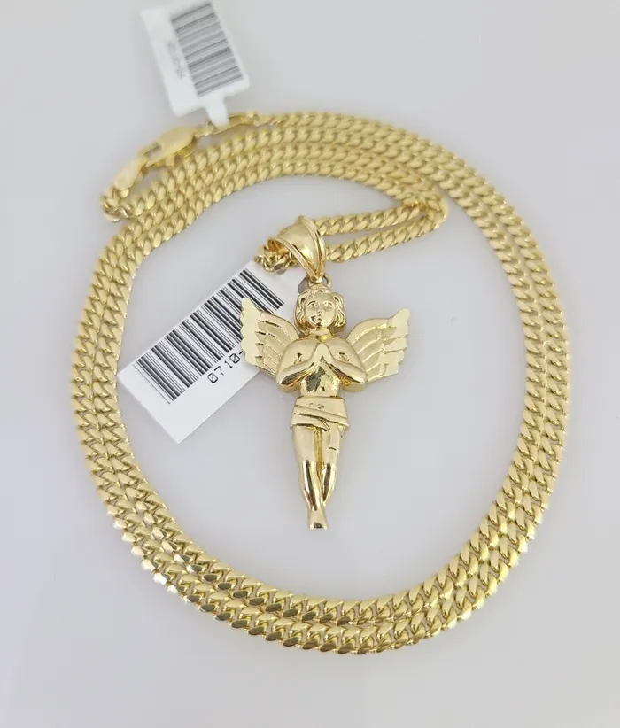 Charm Necklaces Gold and Diamond 10K Solid Gold Miami Cuban Chain Praying Angel Charm 1824 25mm REAL Pendant Charm Necklaces Gold and Diamond 10K Solid Gold Miami Cuban Chain Praying Angel Charm 1824 25mm REAL Pendant
