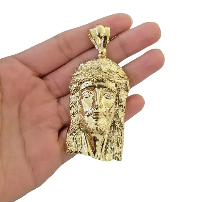 Charm Necklaces Gold and Diamond 10K Yellow Gold Jesus Head Pendent Charm 4 Inch Long For Mens Chain Real 10kt