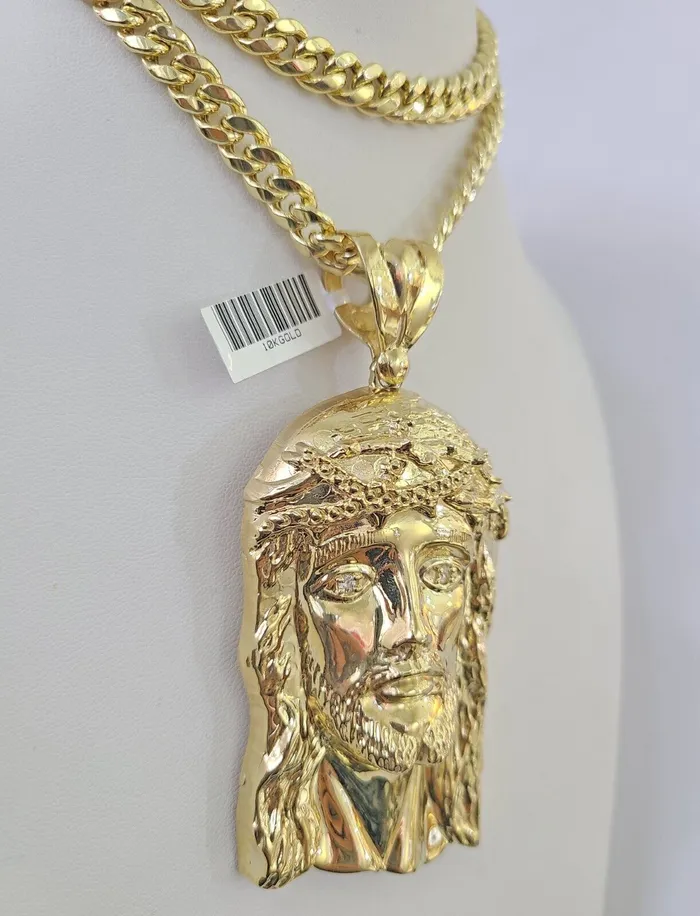 Charm Necklaces Gold and Diamond 10K Yellow Gold Jesus Head Pendent Charm 4 Inch Long For Mens Chain Real 10kt