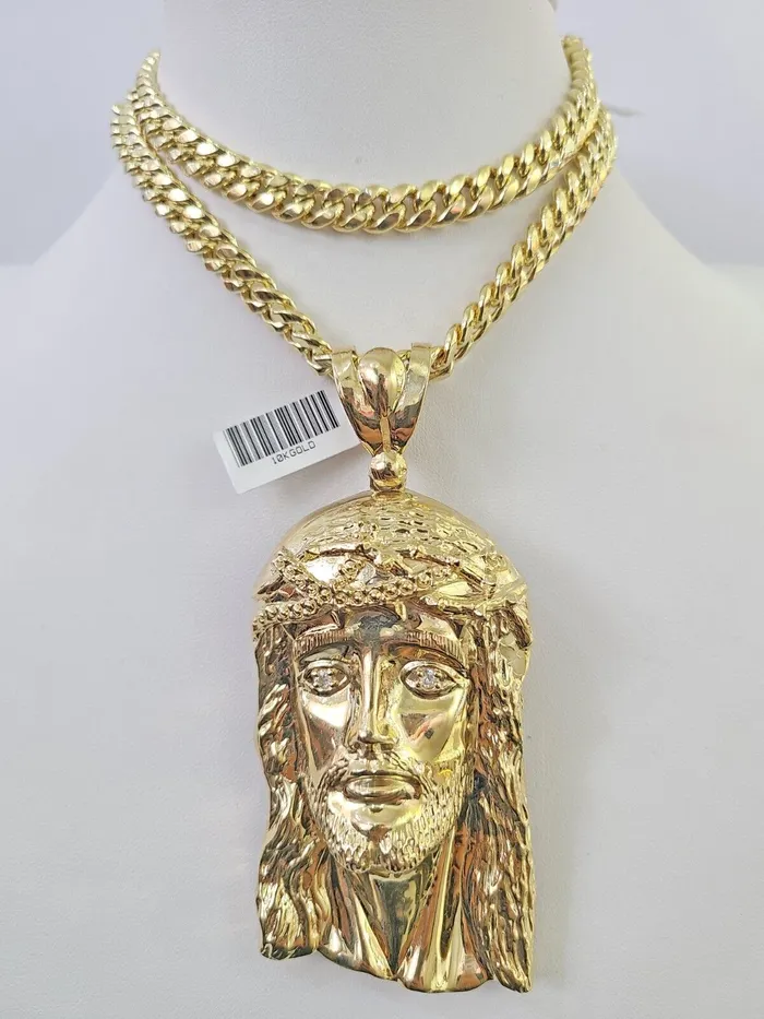 Charm Necklaces Gold and Diamond 10K Yellow Gold Jesus Head Pendent Charm 4 Inch Long For Mens Chain Real 10kt