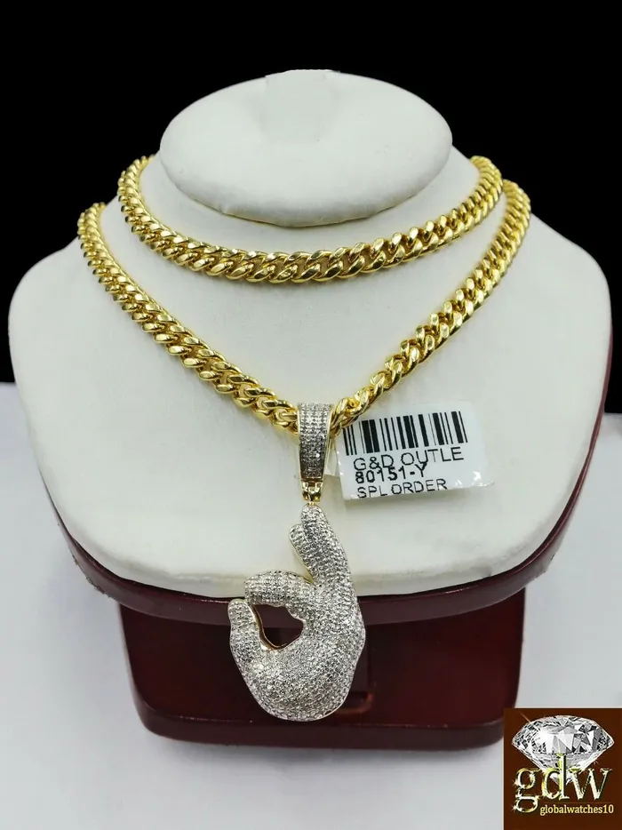 Charm Necklaces Gold and Diamond Real 10k Yellow Gold and Diamond Ok Hand Emoji Charm with 20 Miami Cuban Chain