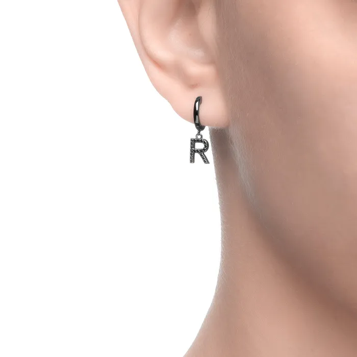 Earrings Spirito Rosa Magna R Letter Single Earring Black CZ Black Rhodium Plated 925 Silver Earrings Spirito Rosa Magna R Letter Single Earring Black CZ Black Rhodium Plated 925 Silver