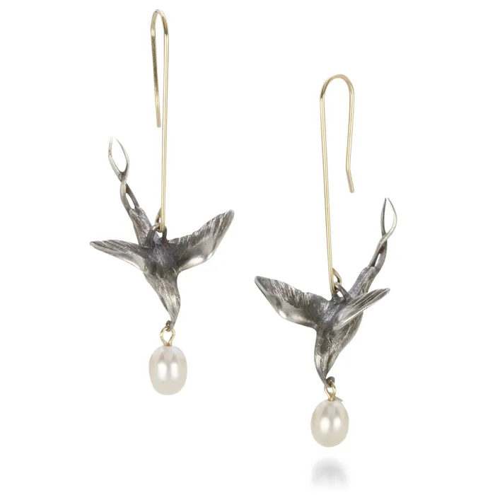 Gabriella Kiss Earrings Sterling Silver Flying Bird Earrings with Pearls