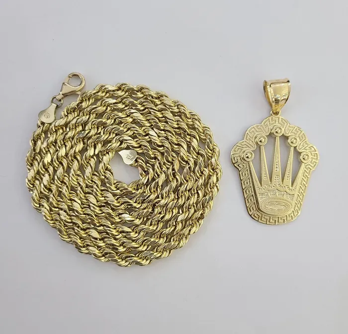 Globalwatches10 Charm Necklaces 10K Yellow Gold Crown Pendent Charm 6mm Rope Chain 22