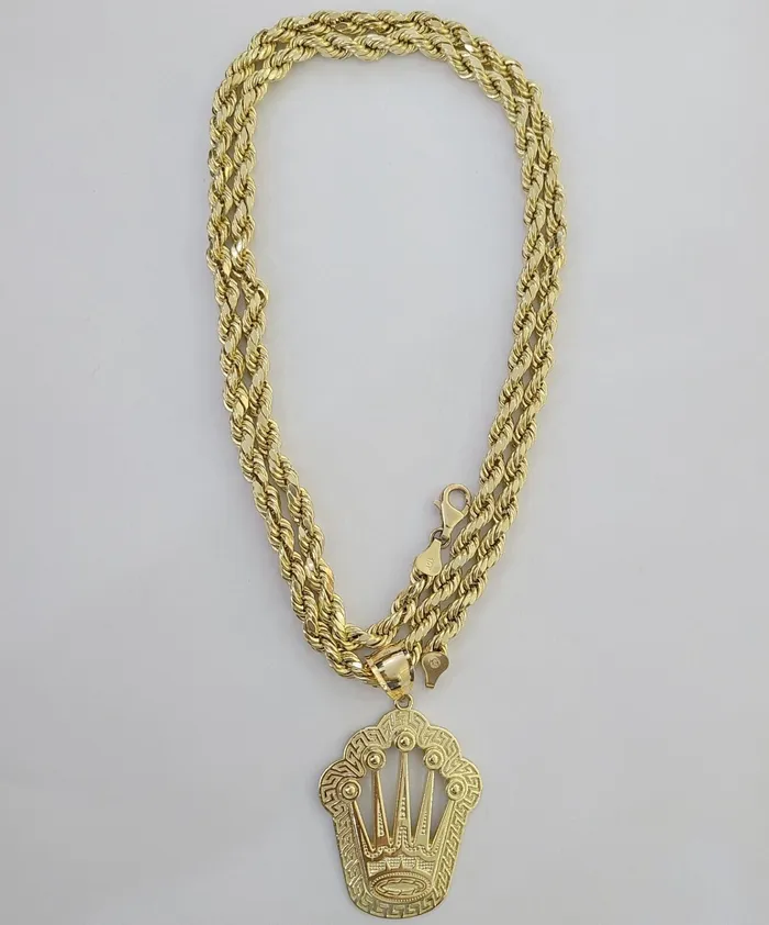 Globalwatches10 Charm Necklaces 10K Yellow Gold Crown Pendent Charm 6mm Rope Chain 22