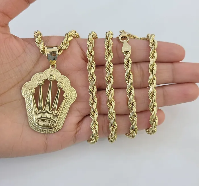 Globalwatches10 Charm Necklaces 10K Yellow Gold Crown Pendent Charm 6mm Rope Chain 22