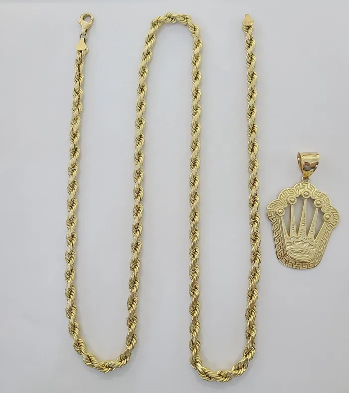 Globalwatches10 Charm Necklaces 10K Yellow Gold Crown Pendent Charm 6mm Rope Chain 22