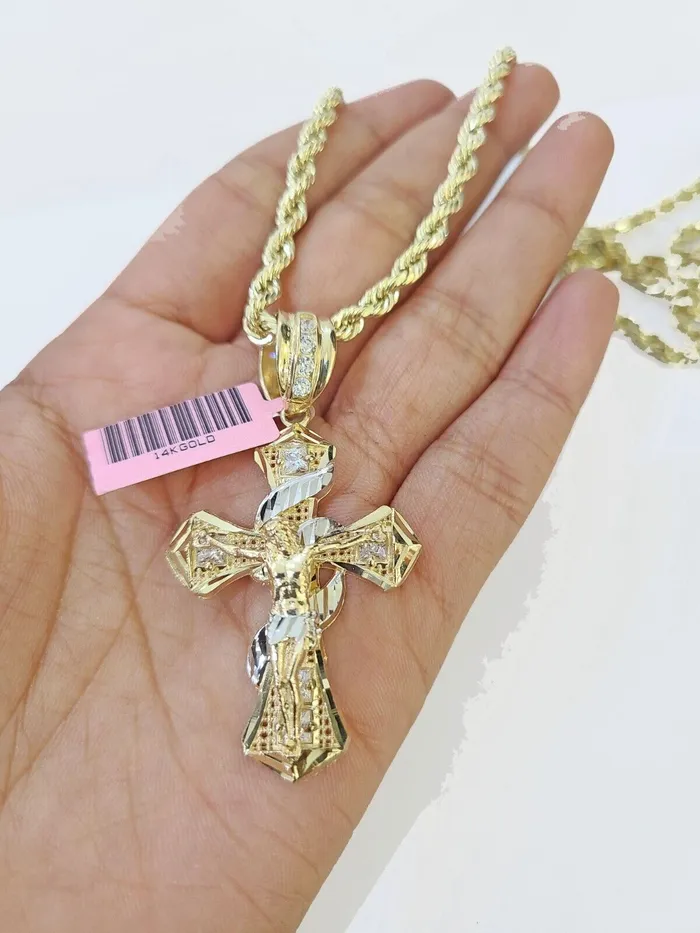 Globalwatches10 Necklaces 14k Yellow Gold Rope Chain Jesus Swirl Cross Charm SET 5mm 20Inches Necklace Globalwatches10 Necklaces 14k Yellow Gold Rope Chain Jesus Swirl Cross Charm SET 5mm 20Inches Necklace
