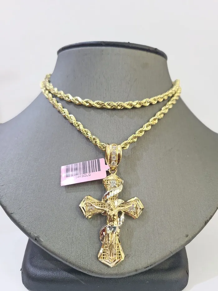 Globalwatches10 Necklaces 14k Yellow Gold Rope Chain Jesus Swirl Cross Charm SET 5mm 20Inches Necklace