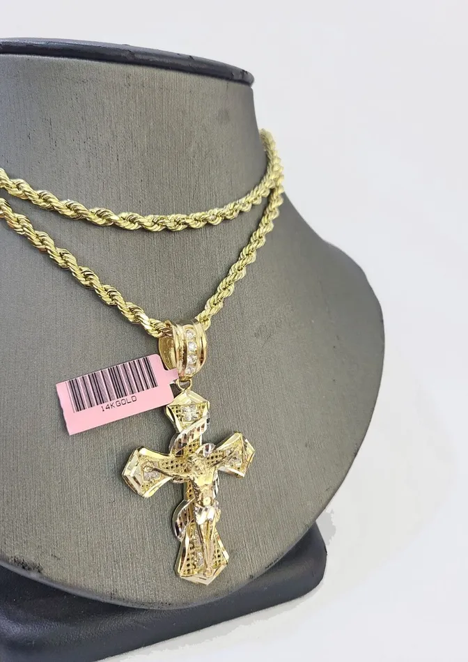 Globalwatches10 Necklaces 14k Yellow Gold Rope Chain Jesus Swirl Cross Charm SET 5mm 20Inches Necklace