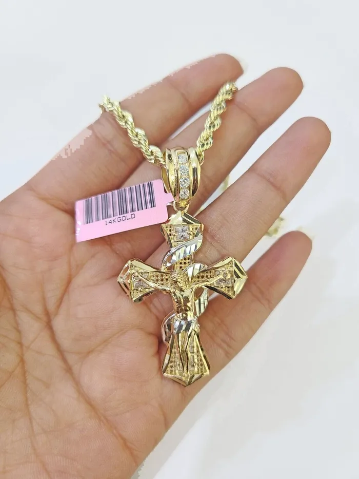 Globalwatches10 Necklaces 14k Yellow Gold Rope Chain Jesus Swirl Cross Charm SET 5mm 20Inches Necklace