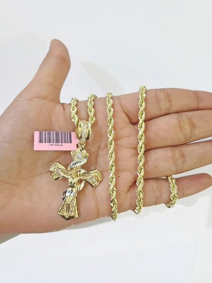 Globalwatches10 Necklaces 14k Yellow Gold Rope Chain Jesus Swirl Cross Charm SET 5mm 20Inches Necklace