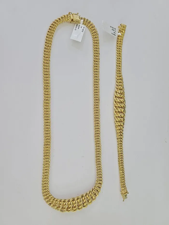 Gold and Diamond Bracelets 10K Gold Flat Byzantine Link Princesa Necklace Bracelet 7mm Real Yellow SET