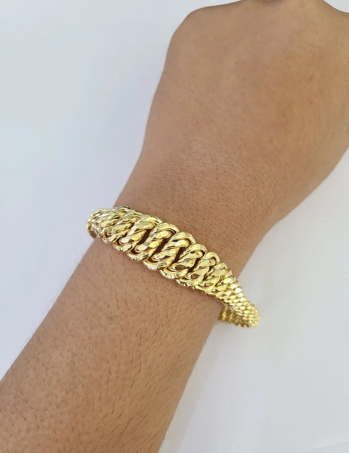 Gold and Diamond Bracelets 10K Gold Flat Byzantine Link Princesa Necklace Bracelet 7mm Real Yellow SET
