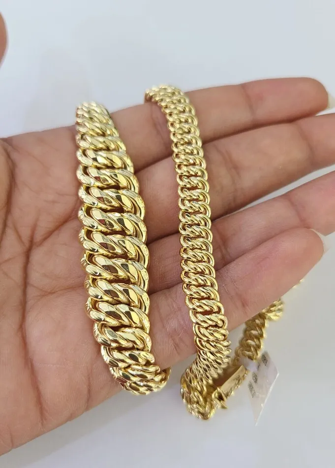 Gold and Diamond Bracelets 10K Gold Flat Byzantine Link Princesa Necklace Bracelet 7mm Real Yellow SET