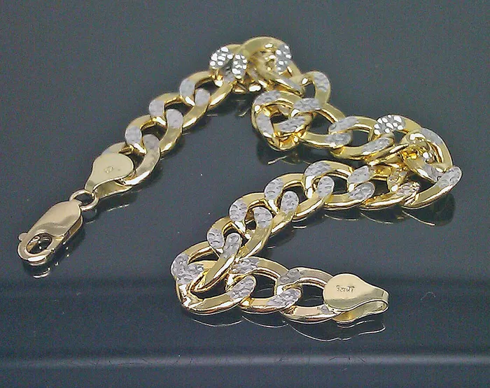 Gold and Diamond Bracelets 10K Yellow Gold Cuban Link Bracelet Diamond Cut Two tone 75 Inch 10mm Real