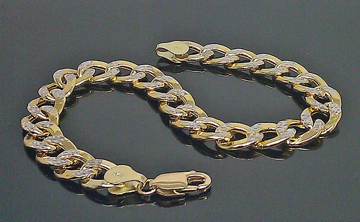 Gold and Diamond Bracelets 10K Yellow Gold Cuban Link Bracelet Diamond Cut Two tone 75 Inch 10mm Real