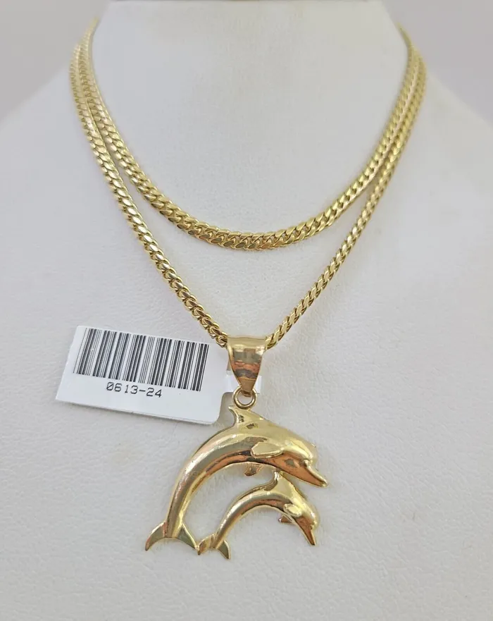 Gold and Diamond Charm Necklaces 10K Solid Gold Miami Cuban Chain Dolphin Charm SET 1824 25mm REAL Pendant Gold and Diamond Charm Necklaces 10K Solid Gold Miami Cuban Chain Dolphin Charm SET 1824 25mm REAL Pendant