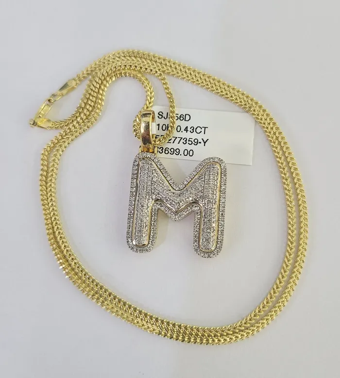 Gold and Diamond Necklaces 10K Franco Chain Diamond M Pendant Initial Charm Letter Necklace 1824 15mm Gold and Diamond Necklaces 10K Franco Chain Diamond M Pendant Initial Charm Letter Necklace 1824 15mm